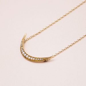 Junkyard Gem Victorian Split Pearl Crescent Brooch Conversion Necklace 9ct Gold