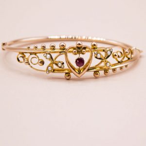 Junkyard Gem 9ct Gold Pearl and Ruby Victorian Antique Bracelet Bangle