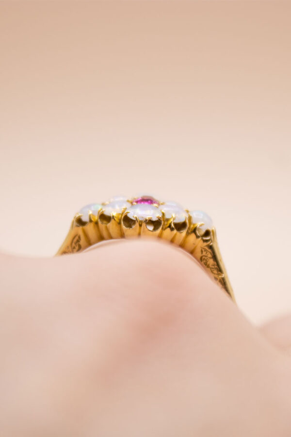 Junkyard Gem 18ct Gold Opal and Ruby Ring Cluster Antique