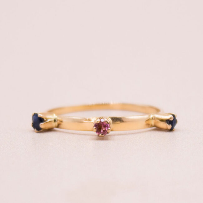 Junkyard-Gem-18ct-Gold-Stacking-Ring-with-Pink-Tourmaline-and-Sapphires