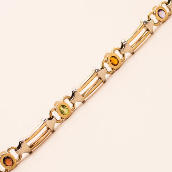 Junkyard Gem 9ct Gold Gem Set Yellow and White Gold Bracelet Vintage with Citrine, Amethyst, Garnet and Peridot