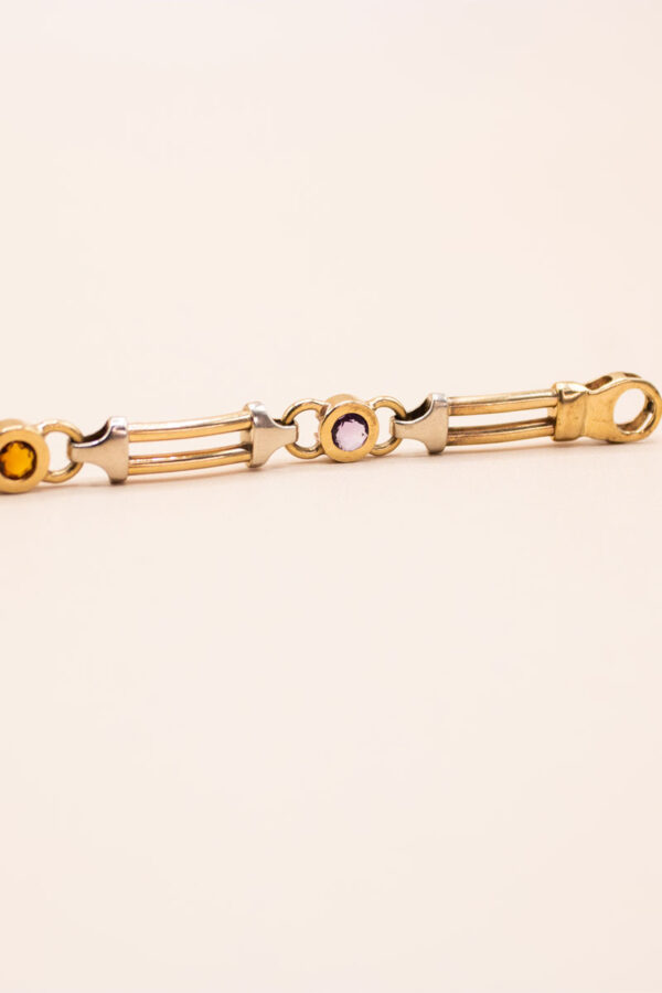 Junkyard Gem 9ct Gold Gem Set Yellow and White Gold Bracelet Vintage with Citrine, Amethyst, Garnet and Peridot