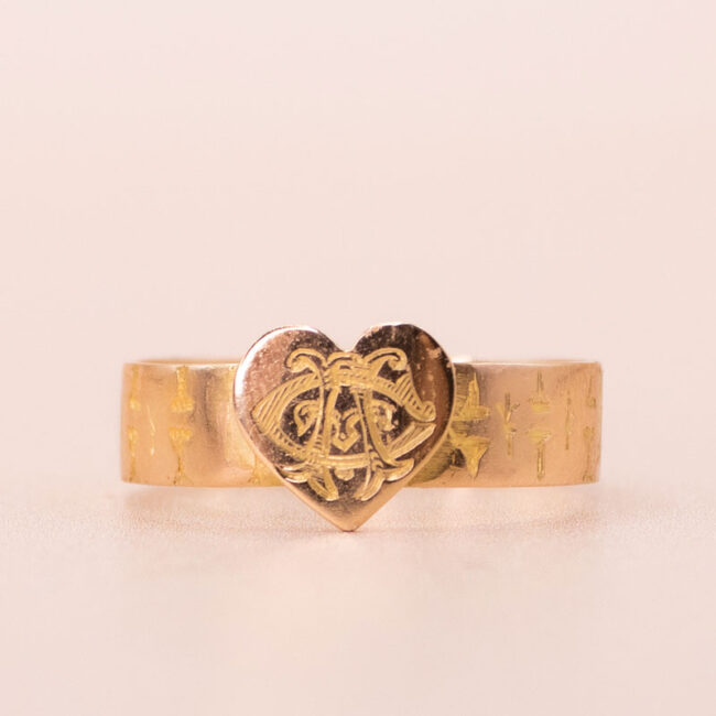 Junkyard Gem 18ct Gold Antique Engraved Ring with Monogram Heart Centre