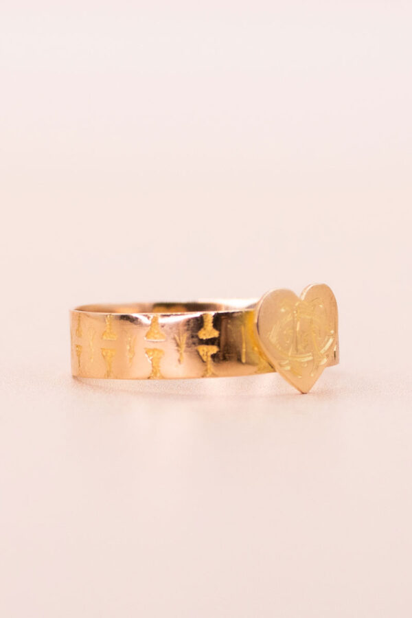 Junkyard Gem 18ct Gold Antique Engraved Ring with Monogram Heart Centre