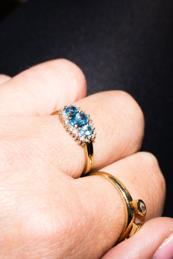 Junkyard Gem 9ct Gold Trilogy Topaz Cluster Ring with Diamonds