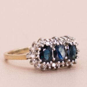 Junkyard Gem 9ct Gold Sapphire and Diamond Trilogy Cluster Ring