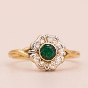 Junkyard Gem 18ct Gold Vintage Emerald and Diamond Floral Cluster Ring
