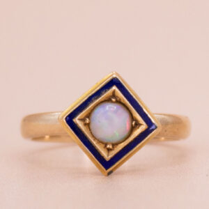 Junkyard Gem 9ct Gold Opal Cabochon and Enamel Set Antique Ring