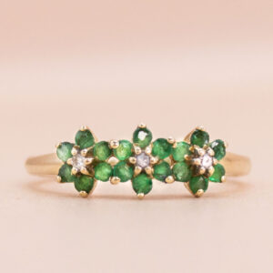 Junkyard Gem 9ct Gold Trilogy Emerald and Diamond Floral Cluster