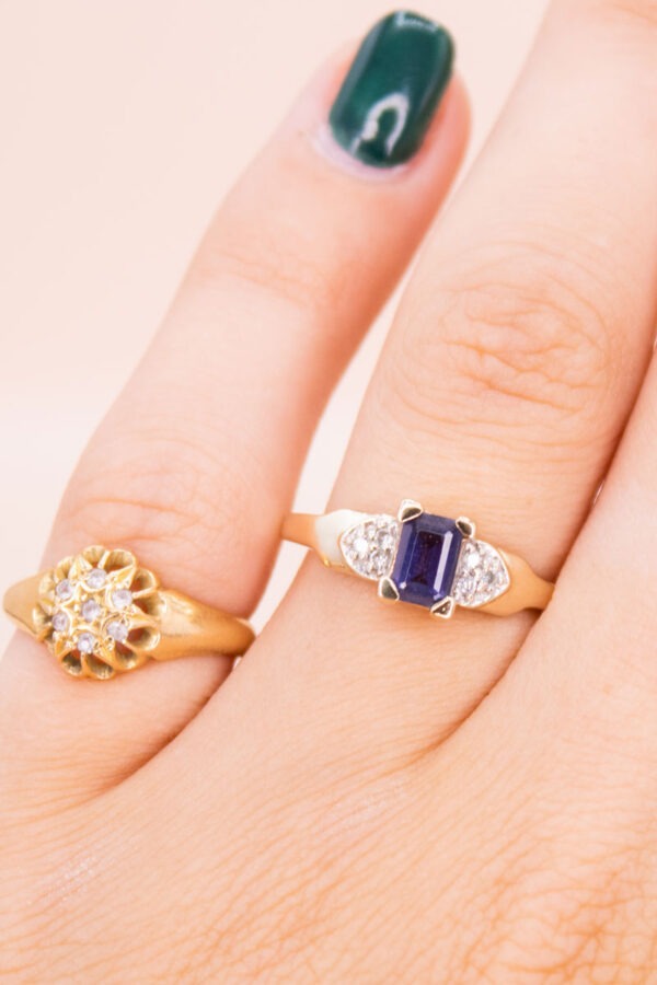 Junkyard Gem 9ct Gold Baguette-Cut Sapphire and Diamond Trilogy Ring