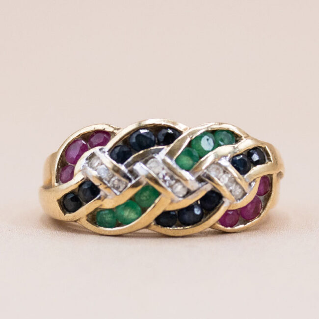 9ct Gold Emerald, Sapphire and Ruby Keepers Ring