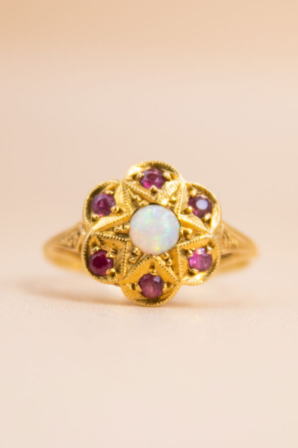 9ct Gold Opal and Ruby Cluster Ring