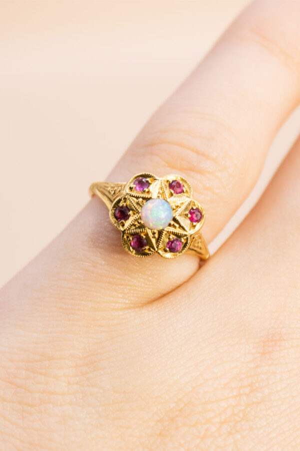 18ct Gold Antique Opal and Ruby Cluster Ring