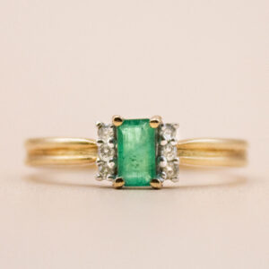 9ct Gold Bagutte-Cut Emerald and Diamond Ring