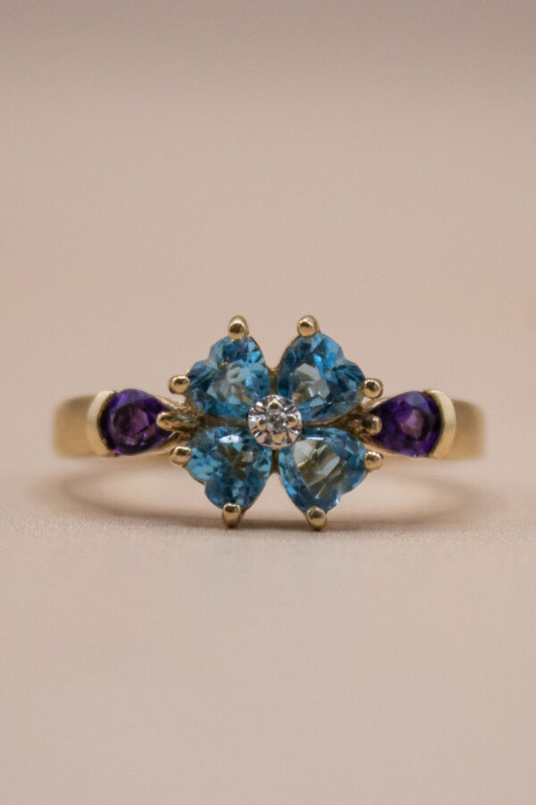 9ct Gold Topaz, Amethyst and Diamond Floral Cluster