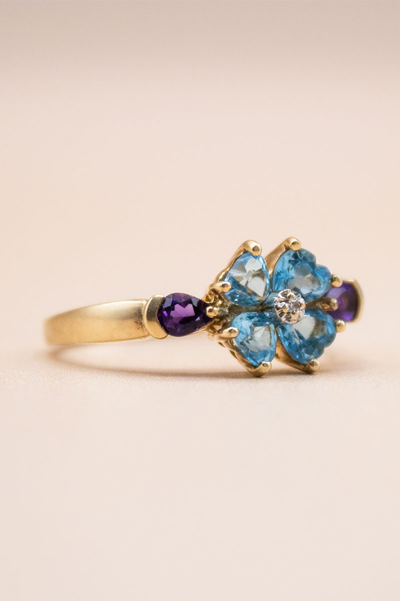 9ct Gold Topaz, Amethyst and Diamond Floral Cluster
